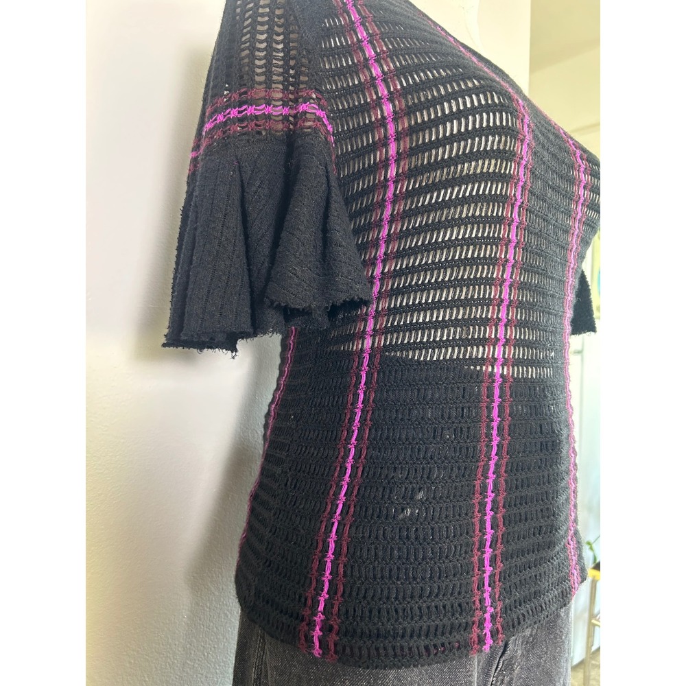 Free People Black Plaid Mesh Bell Sleeve Knit Top Size Small - Picture 7 of 7